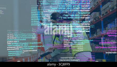 Scanning at racks, warehouse workers wearing vests using scanner tablet with boxes crates AR view Stock Photo
