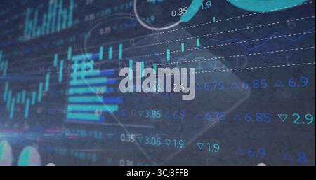 Displaying financial data on trading dashboard, with candlestick charts and numerical data labels Stock Photo