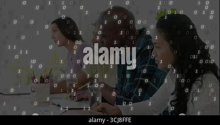 Writing coworkers in casual shirts drawing on paper at meeting desk with pencils and binary overlay Stock Photo