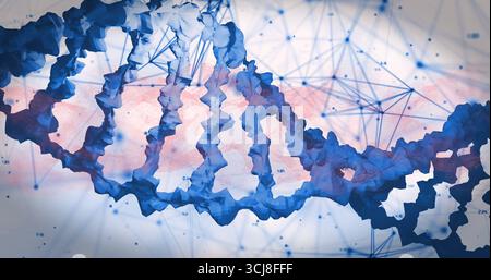 Showing DNA double helix twisting in virtual space, with network lines nodes numeric data labels Stock Photo