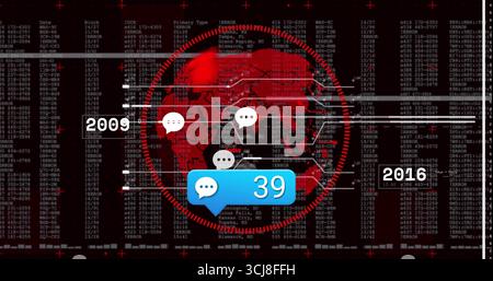 Highlighting blue digital speech bubble displaying 39 on high-tech data dashboard, with world map Stock Photo