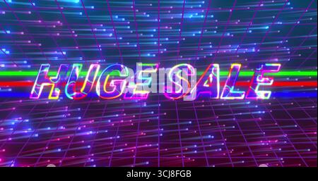 Displaying neon HUGE SALE text pulsing in cyberpunk grid, with colored bands and glowing particles Stock Photo