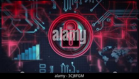 Displaying neon red padlock icon in circuit rings on interface, with bar chart, world map outline Stock Photo