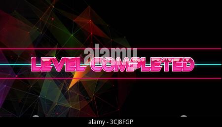 Displaying neon pink LEVEL COMPLETED text over mesh in game interface with neon bars, glowing nodes Stock Photo