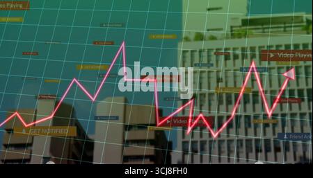 Displaying bright pink zigzag trend line running across skyline grid overlay, with data labels Stock Photo