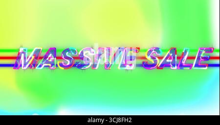 Displaying glitch-style text reading MASSIVE SALE in digital design layout, with RGB glitch lines Stock Photo