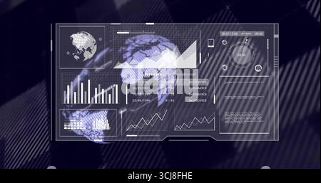 Projecting holographic data dashboard showing simulated control room layout, with rotating 3D globe Stock Photo