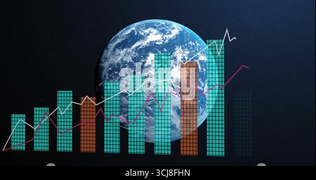 Displaying Earth globe floating in space, with teal orange grid bars and white magenta line graphs Stock Photo
