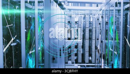 Illuminating central server racks showing shield icon with envelope in data center corridor Stock Photo