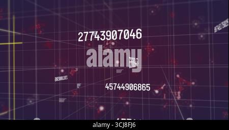 Floating numeric string moving through network, with grid lines, node clusters and yellow crosshair Stock Photo