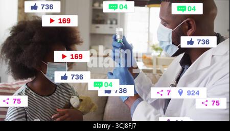 Masked doctor holding syringe preparing vaccine at home beside child holding teddy bear, copy space Stock Photo