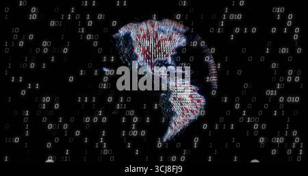 Rotating binary-digit globe depicting Americas in dark digital void, with floating bits Stock Photo
