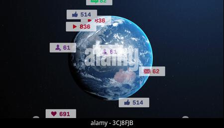 Displaying planet Earth rotating in dark space, floating clear social media notification badges Stock Photo