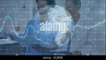 Analyzing line charts by businesswomen in suits in office, with tablet stylus globe overlay Stock Photo