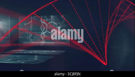 Displaying holographic panels showing DNA helix model in virtual lab, with red data stream overlay Stock Photo