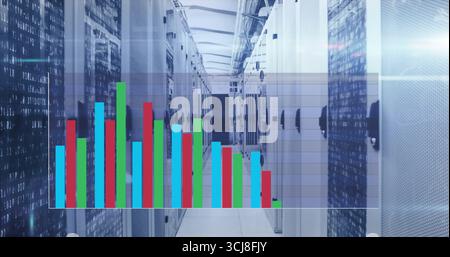 Displaying blinking LEDs and code on server rack corridor in data center with colored chart overlay Stock Photo
