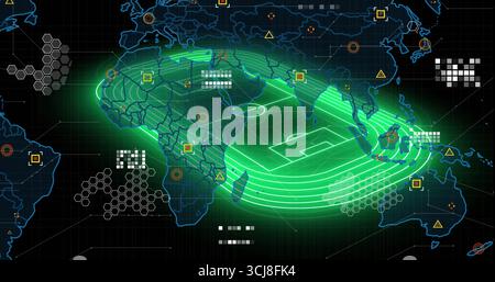 Displaying neon green football pitch overlaying digital world map, with hexagon clusters Stock Photo