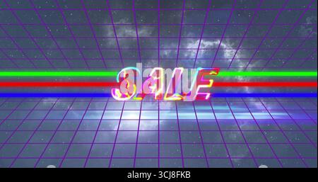 Glowing neon word 'SALE' hovering above digital grid plane, with multicolored stripes and nebula Stock Photo