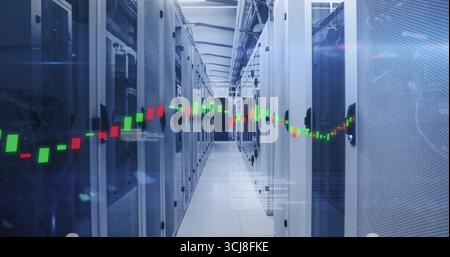 Displaying server racks in data center corridor showing LEDs and network cables with chart overlay Stock Photo