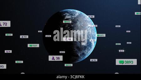 Rotating planet Earth revealing clouds in deep space, with orbiting social media notification icons Stock Photo