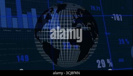 Showing 3D wireframe globe rotating on grid in dashboard, featuring floating numbers Feb–Apr bars Stock Photo
