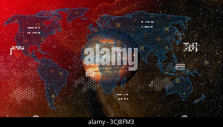Displaying blue hologram world map overlaying orange planet with data blocks and starfield console Stock Photo