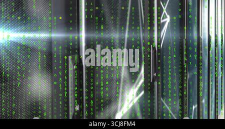 Displaying server rack panels cascading green binary code in data center, with metal surfaces Stock Photo