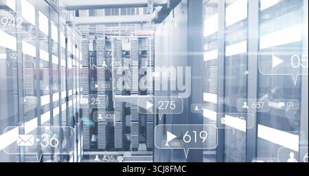 Showcasing server racks lining data center corridor, displaying LED lights and floating data icons Stock Photo