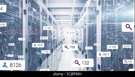Central aisle running through data center, showing illuminated server racks and overlay widgets Stock Photo
