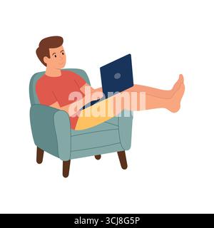A man is sitting in a comfortable chair with a laptop. Working from home. Isolated white background. Flat style vector illustration Stock Vector