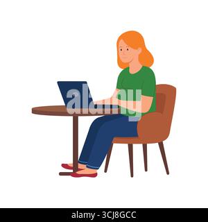 A pregnant woman is sitting at a table, working on her laptop. Working from home. Isolated white background. Flat style vector illustration. Stock Vector