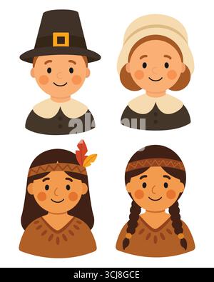 Cute portraits of a Native American couple and a Pilgrim couple. Design for Thanksgiving. Flat-style vector illustration. Stock Vector