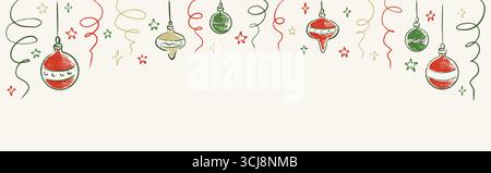 Hand drawn crayon doodle festive winter holidays horizontal rectangle background. Merry Christmas and Happy New Year greeting card, celebration party Stock Vector