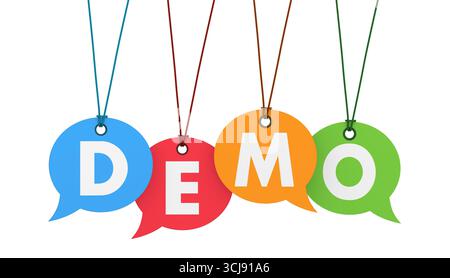 Website business, Internet and web concept with demo word and sign on colorful speech bubbles 3D illustration isolated on white background. Stock Photo
