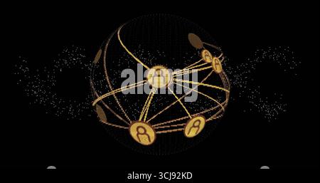 Floating golden 3D globe in dark digital void, showing glowing data points and user-icon nodes Stock Photo