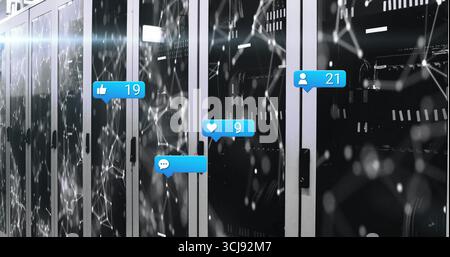 Displaying server rack cabinets showing blinking LEDs in data center aisle, with notification icons Stock Photo