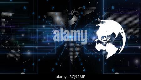 Displaying white globe overlapping dotted world map with blue circuit beams and digits, copy space Stock Photo