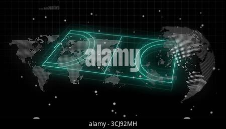 Displaying green holographic panels floating over dotted world map in UI, with grid and data labels Stock Photo