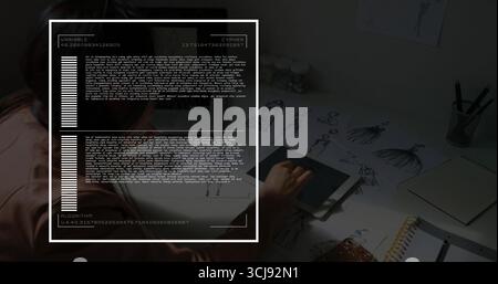 Leaning adult woman using stylus on tablet at studio workspace, with fashion sketches, copy space Stock Photo