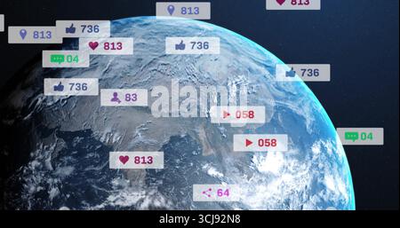 Planet Earth rotating in outer space, with floating social media notification icons Stock Photo