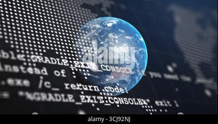 Floating 3D planet Earth swirling in virtual space, with code text overlay, world map dots, specks Stock Photo