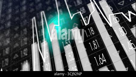 Displaying translucent white bars with zigzagging line graph on dark panel, with green glow arrows Stock Photo