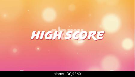 Displaying stylized high score text glowing over gradient background, with scattered light spots Stock Photo