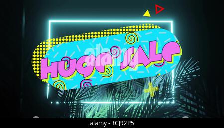 Highlighting bright pink HUGE SALE text glowing on blue shape in digital studio, with neon frame Stock Photo