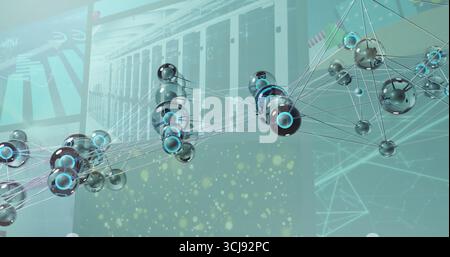 Displaying floating metallic sphere network linked by thin wires over server racks, with particles Stock Photo