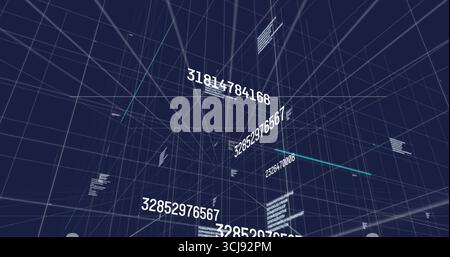 Floating numerals and code blocks moving in wireframe grid tunnel, highlighting glowing teal line Stock Photo