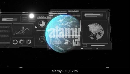 Displaying planet Earth rotating inside HUD in space, with line charts, pie chart and gauges Stock Photo
