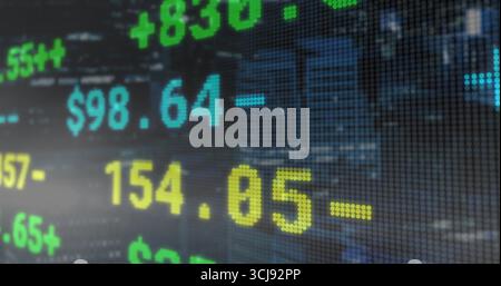 Displaying ticker board showing pixel data on grid screen in news studio, with cityscape silhouette Stock Photo