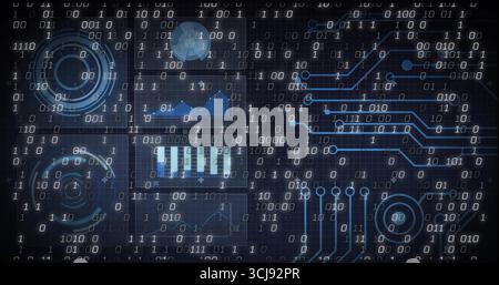 Displaying interface with binary grid, circuit traces and nodes, circular gauges and chart widgets Stock Photo