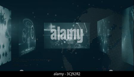 Displaying holographic panel projecting molecular network nodes in virtual lab, with virus graphics Stock Photo